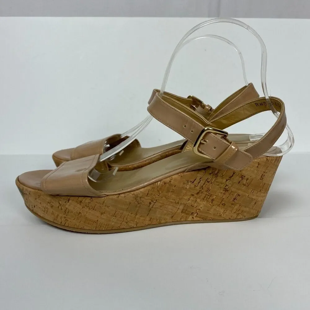 Stuart Weitzman Sandals Womens 10 Beige Cork Platform Wedge Slingback Patent - Picture 4 of 11
